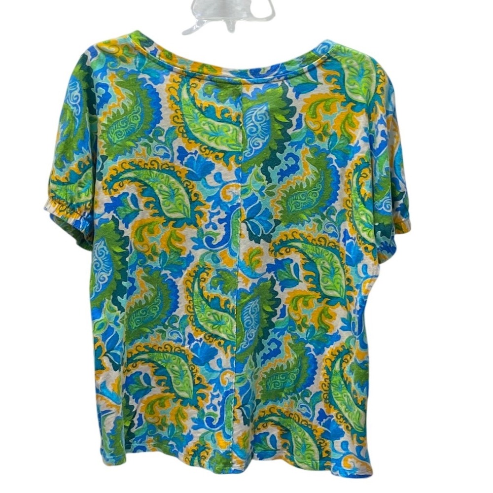 CATO Women's M‎ Paisley Print V-Neck Short Sleeve Top Blue Green Yellow - Picture 6 of 6